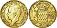 Monaco 10 Francs Münze, Rainier III, VZ, Aluminum-Bronze, KM:130 -