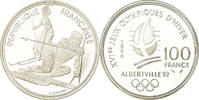 Frankreich 100 Francs Münze, Slalom skiers, BE, STGL, Silber, KM:984 -