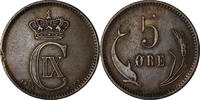 Dänemark 5 Öre Münze, Christian IX, Copenhagen, S+, Bronze, KM:794.1 -