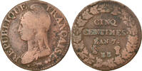 Frankreich 5 Centimes Münze, Dupré, Strasbourg, S+, Bronze, KM:640.4 -