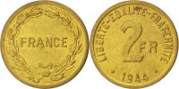 Frankreich 2 Francs Münze, France Libre, VZ, Messing, KM:905 -