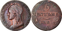 Frankreich 5 Centimes Münze, Dupré, Paris, S+, Bronze, KM:635.1 -