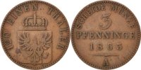 Deutsch Staaten 3 Pfennig Münze, PRUSSIA, Wilhelm I, SS, Kupfer, KM:482 -