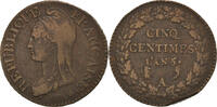 Frankreich 5 Centimes Münze, Dupré, Paris, S+, Bronze, KM:640.1 -