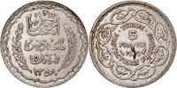 Tunesien 5 Francs Münze, Ahmad Pasha Bey, Paris, SS+, Silber, KM:264 -