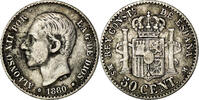 Spanien 50 Centimos Münze, Alfonso XII, Madrid, SS, Silber, KM:685 -