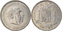 Spanien 5 Pesetas Münze, Caudillo and regent, VZ, Nickel, KM:778 -