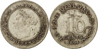 Ceylon 10 Cents Münze, Victoria, SS, Silber, KM:94 -