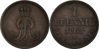 Deutsch Staaten Pfennig Münze, HANNOVER, Georg V, SS+, Kupfer, KM:233 -