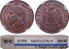 FRANKREICH Cinq centimes Napoléon III, tête laurée ZWEITES KAISERREICH Strasbourg 1864 (25mm, 5g, 6h) -
