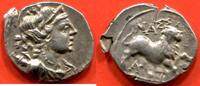 Antike Münzen DRACHME MASSALIA EN ARGENT A/ TÊTE D’ARTÉMISE A DROITE R/ LION POIDS 2.68g N°6B -