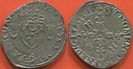 Französische Königliche Münzen DOUZAIN AUX CROISSANTS HENRI II 1547-1559 1555 C ET BOURDON (BÂTON DE BERGER) ATELIER SAINT LO A/ HENRICVS 2 DEI G FRANCORV REX, ÉCU DE FRANCE COURON -