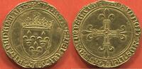 Französische Königliche Münzen  CHARLES VIII 1483-1498 ÉCU DOR AU SOLEIL 1e ÉMISSION MODIFIÉE AVEC LIS INITIAUX ss / vz