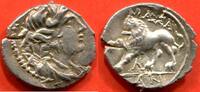 Antike Münzen DRACHME MARSEILLE PERIODE HELLÉNISTIQUE 225-49 AV J-C EN ARGENT SÉRIE 12 A/ TÊTE D’ARTÉMISE A DROITE R/ LION BONDISSANT A GAUCHE AU DE -
