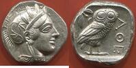 Antike Münzen GRÈCE ATTIQUE , ATHÈNES 480-450 AV J-C TÉTRADRACHME EN ARGENT A/ TÊTE D’ATHÉNA A DROITE COIFFÉE DU CASQUE ATTIQUE A CIMIER ORNE -