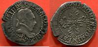 Französische Königliche Münzen FRANC HENRI III 1574-1589 QUART DE AU COL PLAT EN ARGENT A/HENRICVS III D G ET POL REX BUSTE A DROITE DU ROI, LAURE ET CUIRASSE, A -