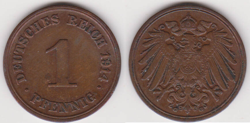 Deutschland - Kaiserreich 1 Pfennig 1914 G Kursmünze SS+ | MA-Shops