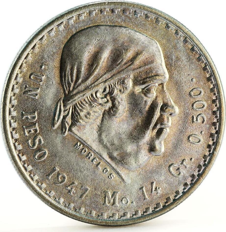 Mexico 1 peso Morelos Independence War silver coin 1947 unz