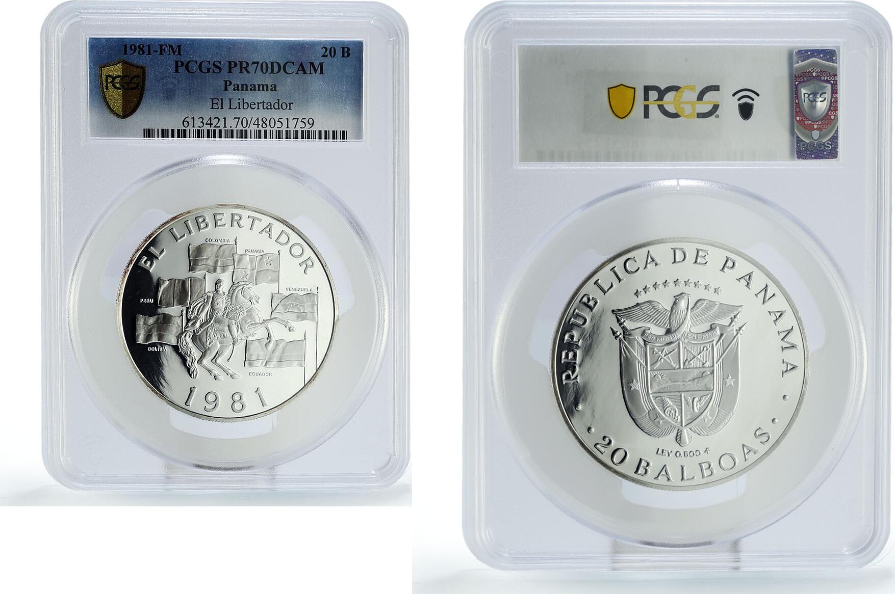 Panama 20 balboas Simon Bolivar Libertador Politics PR70 PCGS silver coin  1981 PP | MA-Shops