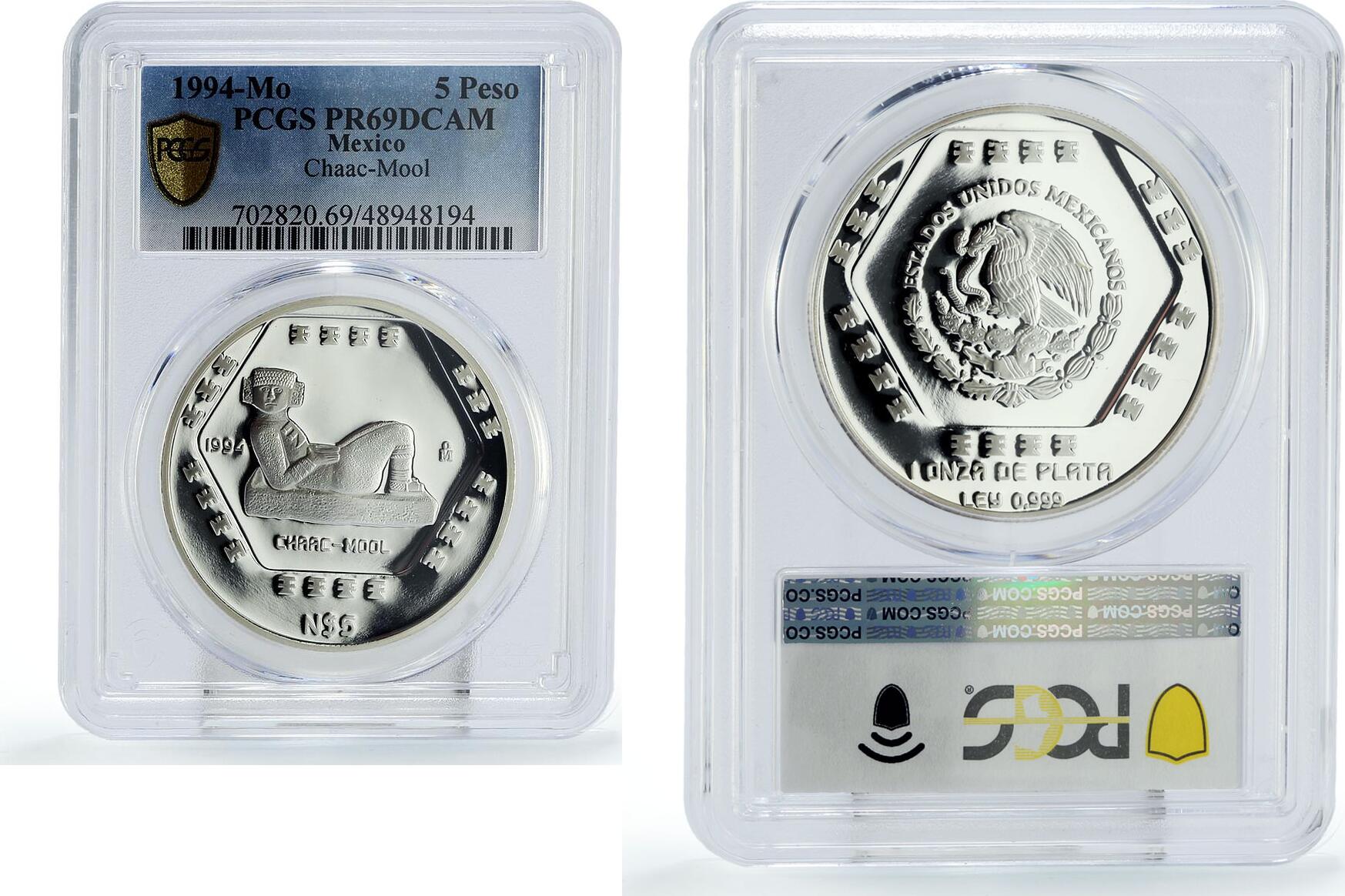 Mexico 5 pesos Precolombina Chaac Mool Sculpture PR69 PCGS silver coin ...