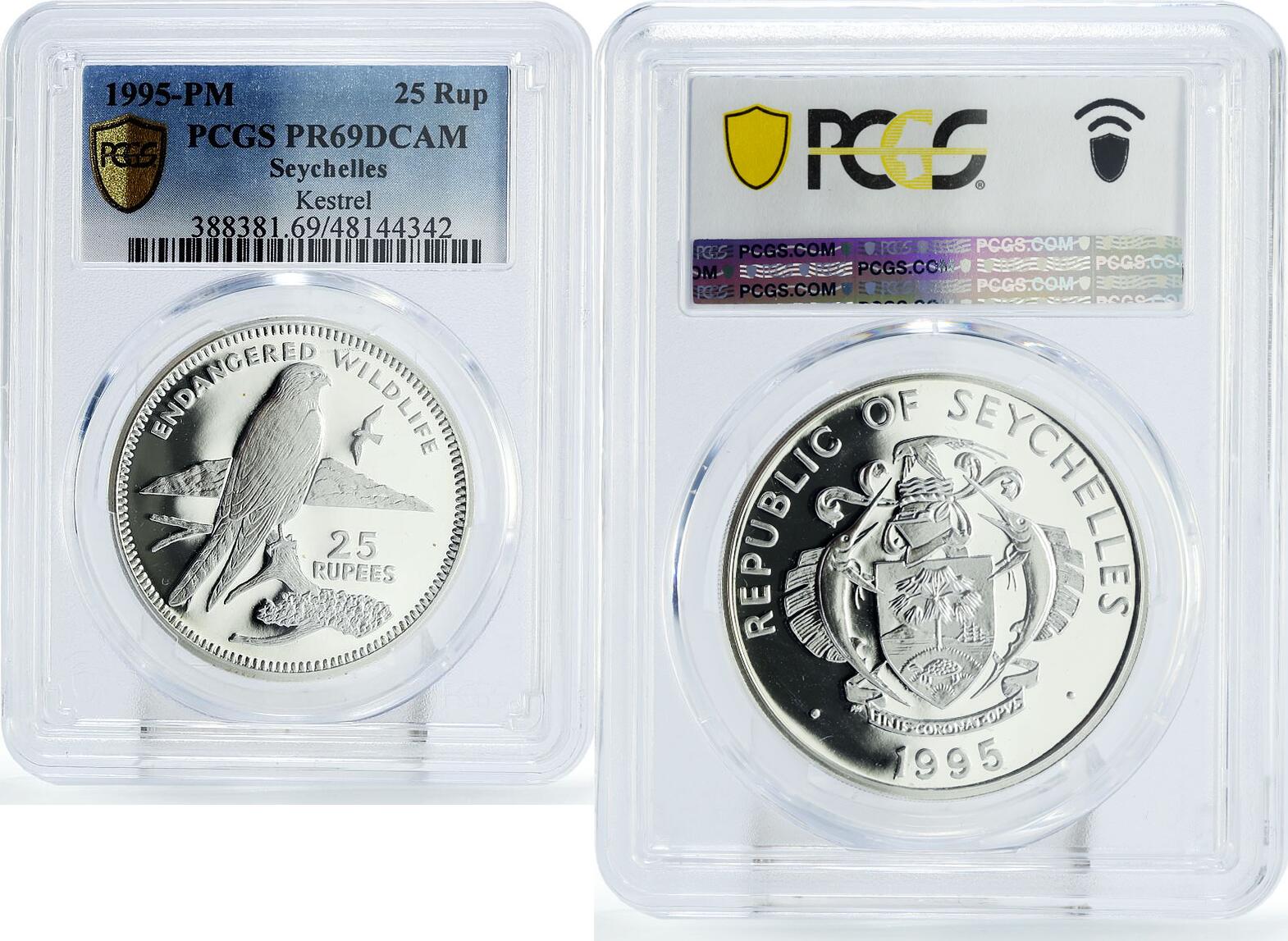 Seychelles 25 rupees Conservation Kestrel Eagle Bird PR69 PCGS silver ...