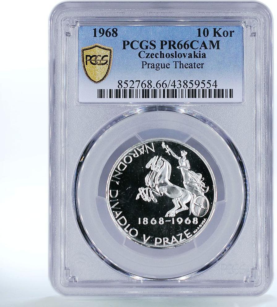 Czech Republic Czechoslovakia 10 korun Prague Theater Godess Chariot PR66  PCGS silver coin 1968 PP | MA-Shops