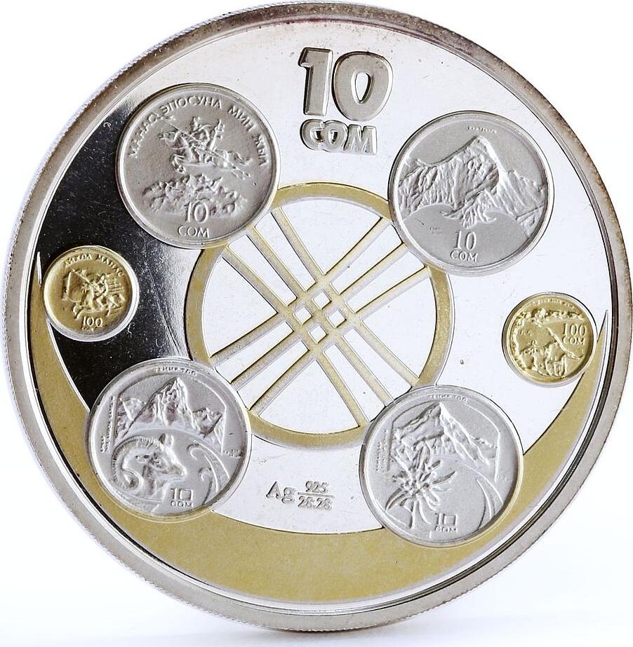 Kyrgyzstan 10 Som 10th Anniversary Of National Currency Proof Silver 