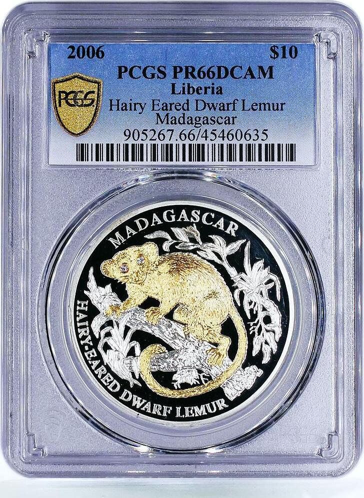 Liberia 10 dollars Madagascarian Dwarf Lemur PR66 PCGS gilded