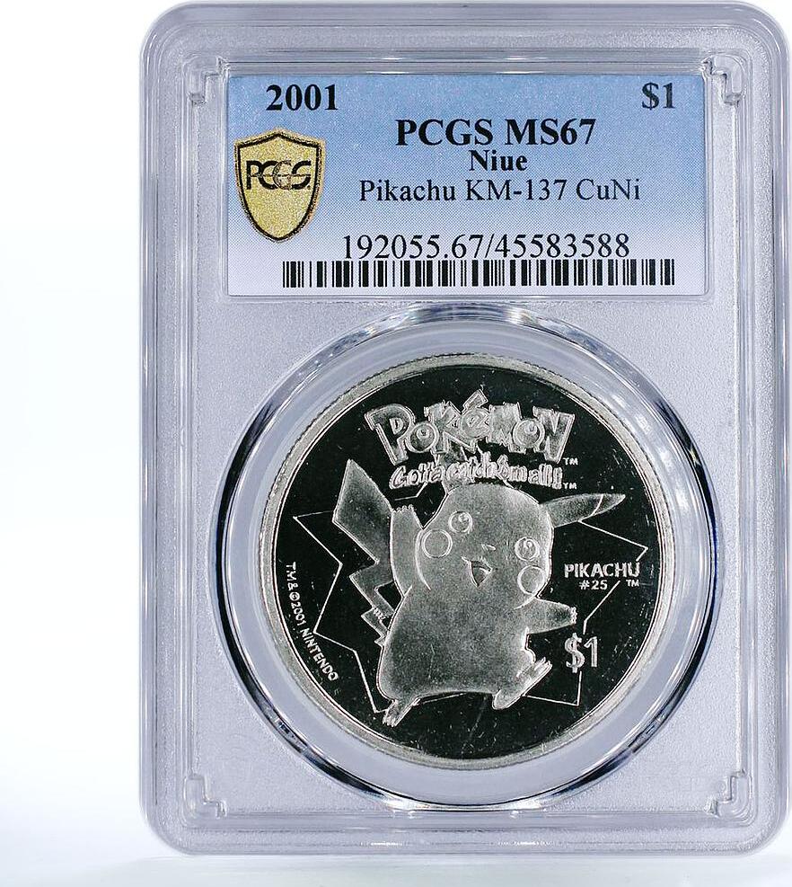 Niue 1 dollar Pokemon Pikachu MS67 PCGS copper-nickel coin 2001 unz ...