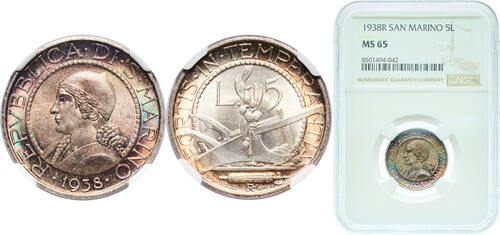 1938 R Rome Mint San Marino Republic 1938 R 5 Lire Wonderful patina Silver (.835) Rome Mint (120000)