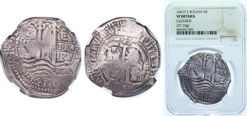 1661 P E Potosi Mint Bolivia Spanish colony 1661 P E 8 Reales - Philip IV Silver (.931) Potosi Mint 