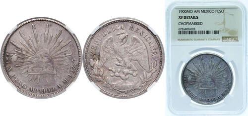 Mexico 1900 Mo AM 1 Peso Silver (.9027) (8226000) 27.073g NGC XF Chopmarked Colonial Rare KM 409