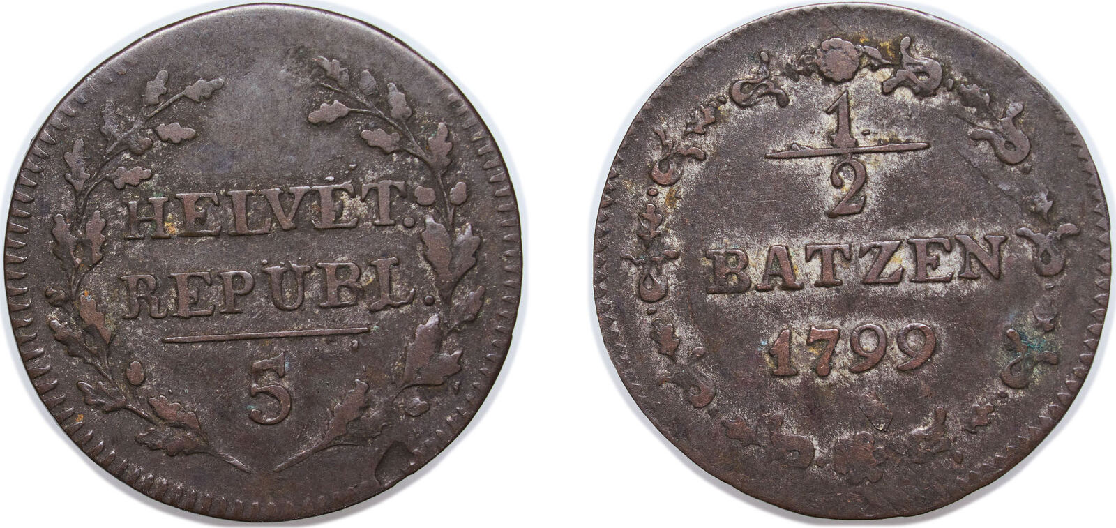 Switzerland Helvetic Republic 1799 ½ Batzen / 5 Rappen Billon 1.9g VF