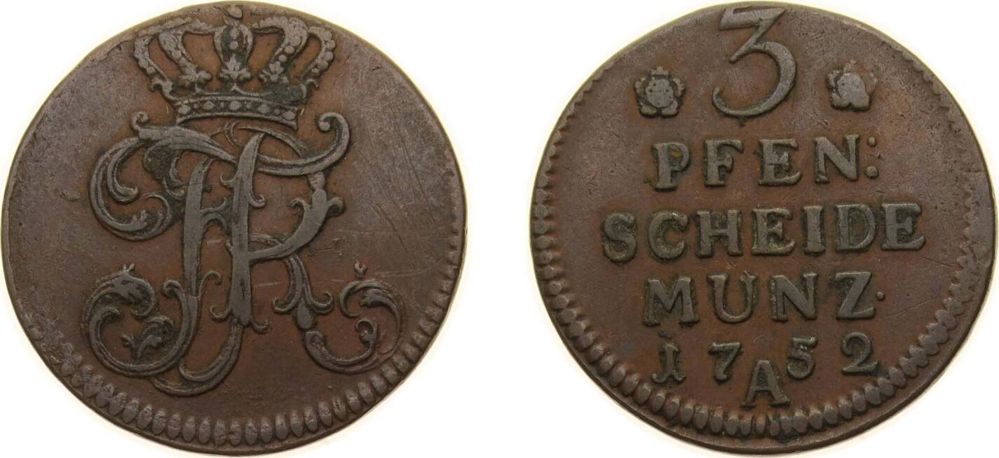 Germany Kingdom Of Prussia Holy Roman Empire 1752 A 3 Pfennig 