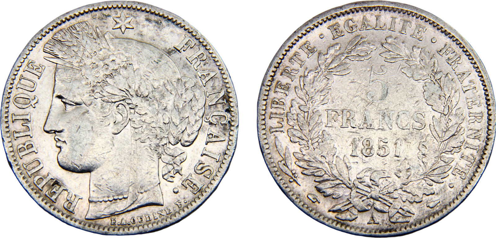 1851 A Paris mint France Second Republic 1851 A 5 Francs Ceres VF MA