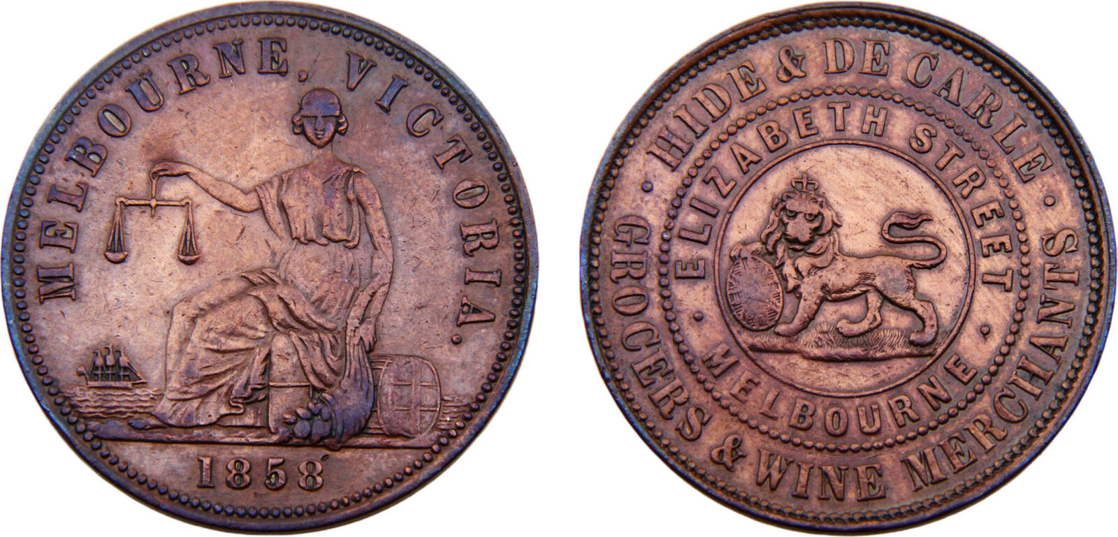 Australia British colony Melbourne Victoria 1858 1 Penny Trade Token