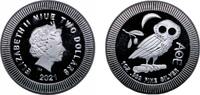 Niue 2 Dollars Niue New Zealand Dependent State 2021 2 Dollars - 1OZ Elizabeth II (Athena Owl) Silver (.999) 31.103g PF KM 1429.1 -