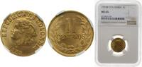 Colombia 2 Centavos Colombia Republic 1955 B 2 Centavos (Continuous legend) Brass (84% copper, 16% zinc) 3g NGC MS 65 KM 214 Schön 32.2 Hernández 34 -