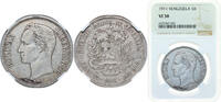 Venezuela 5 Bolivars Venezuela 1911 5 Bolívares Silver (.900) (1104000) 25g NGC VF 30 Y 24 KM 24 -