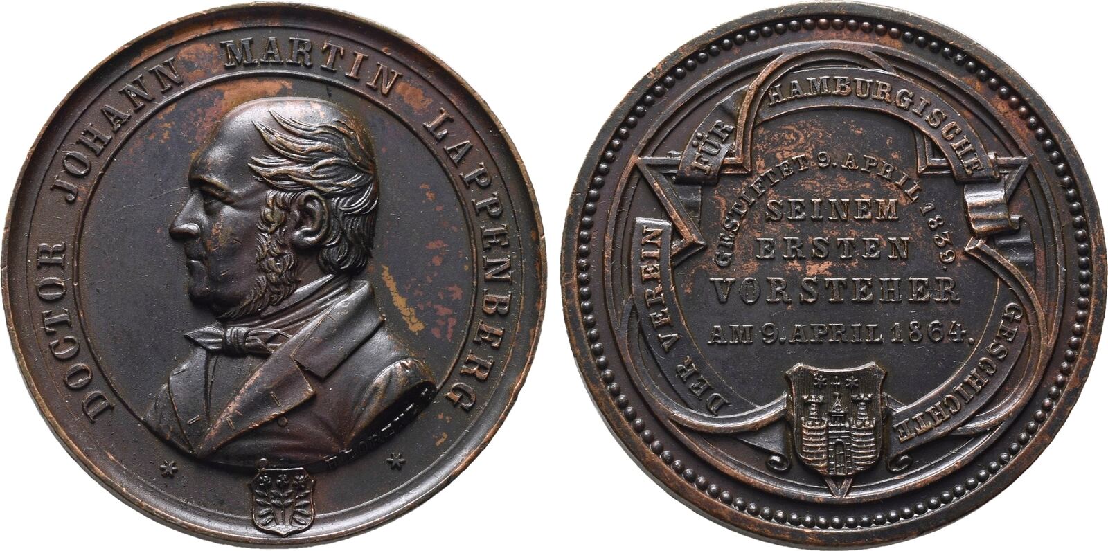 Hamburg Stadt, Bronzemedaille 1864 von H. Lorenz. Fleckige Patina