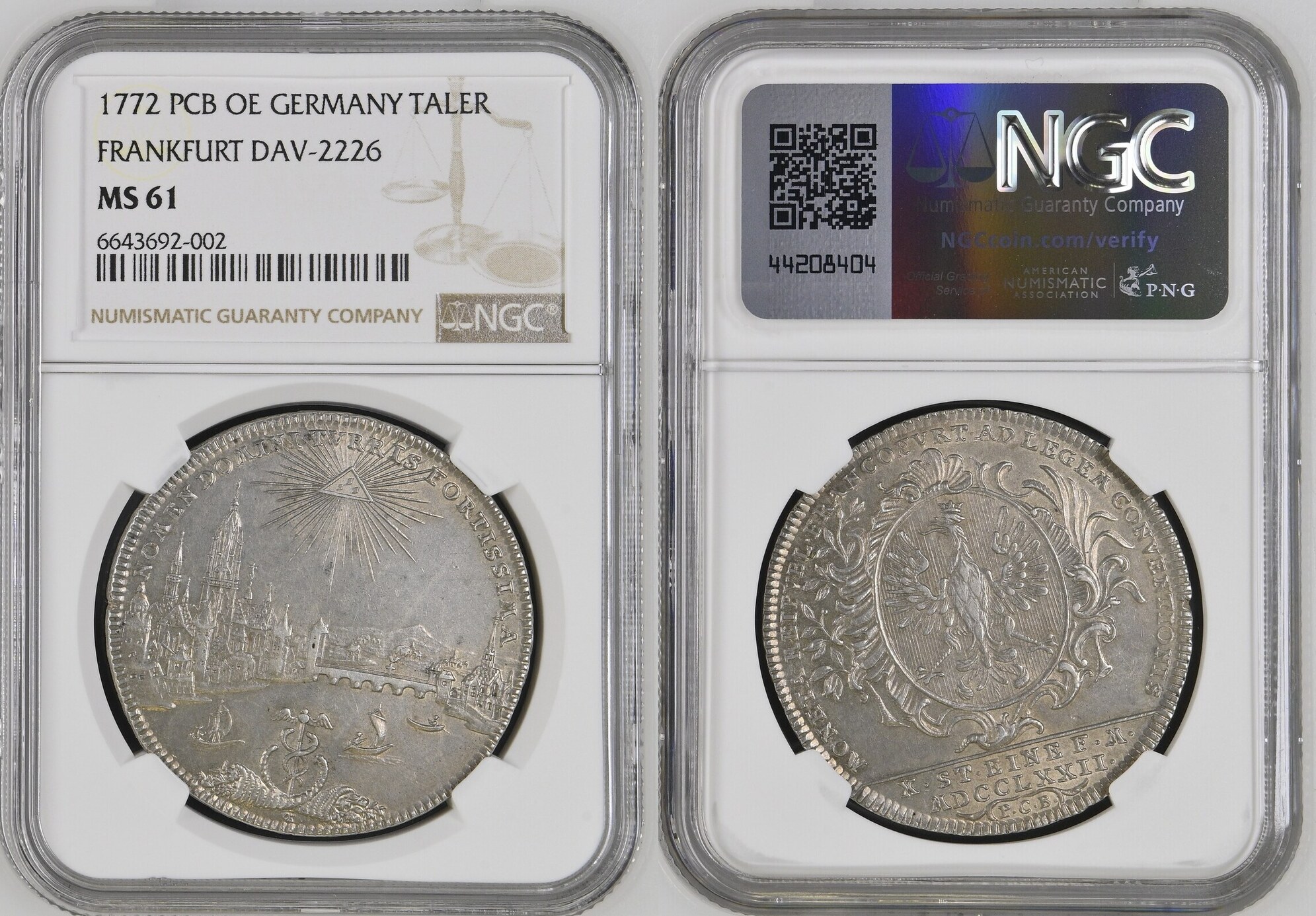 Frankfurt Stadt, Konv.Taler 1772. City View. Vorzüglich + / NGC MS 61
