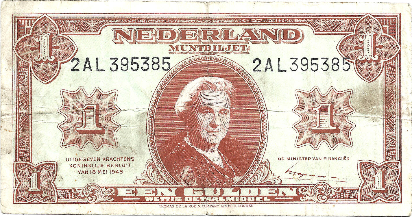 Netherlands 1 Gulden 1945 Queen Wilhelmina - De La Rue VF | MA-Shops