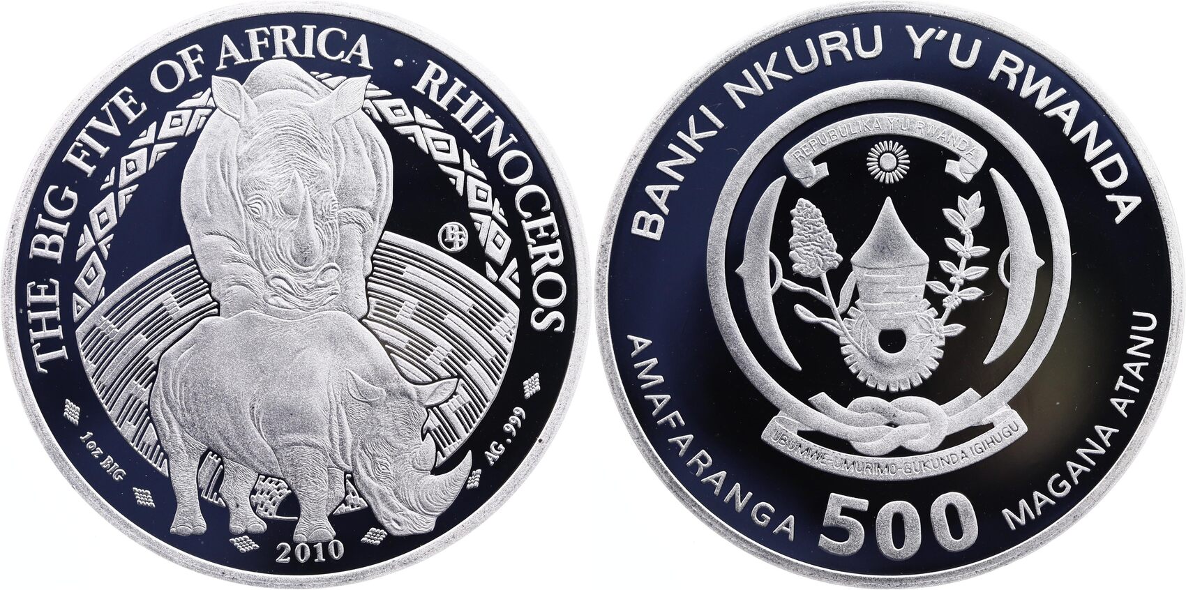 Ruanda 500 Amafaranga 2010 1 OZ Feinsilber, BIG FIVE, Nashorn PP Proof ...