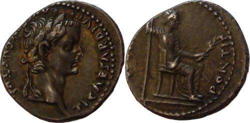 Denarius Tiberius , Lugdunum, AD 14-37. XF. Beautiful Style