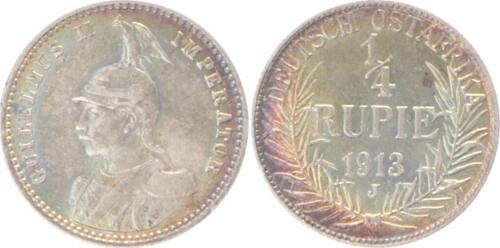 Deutsch Ostafrika / DOA 1/4 Rupie 1913 J min. Kr., vorzüglich +