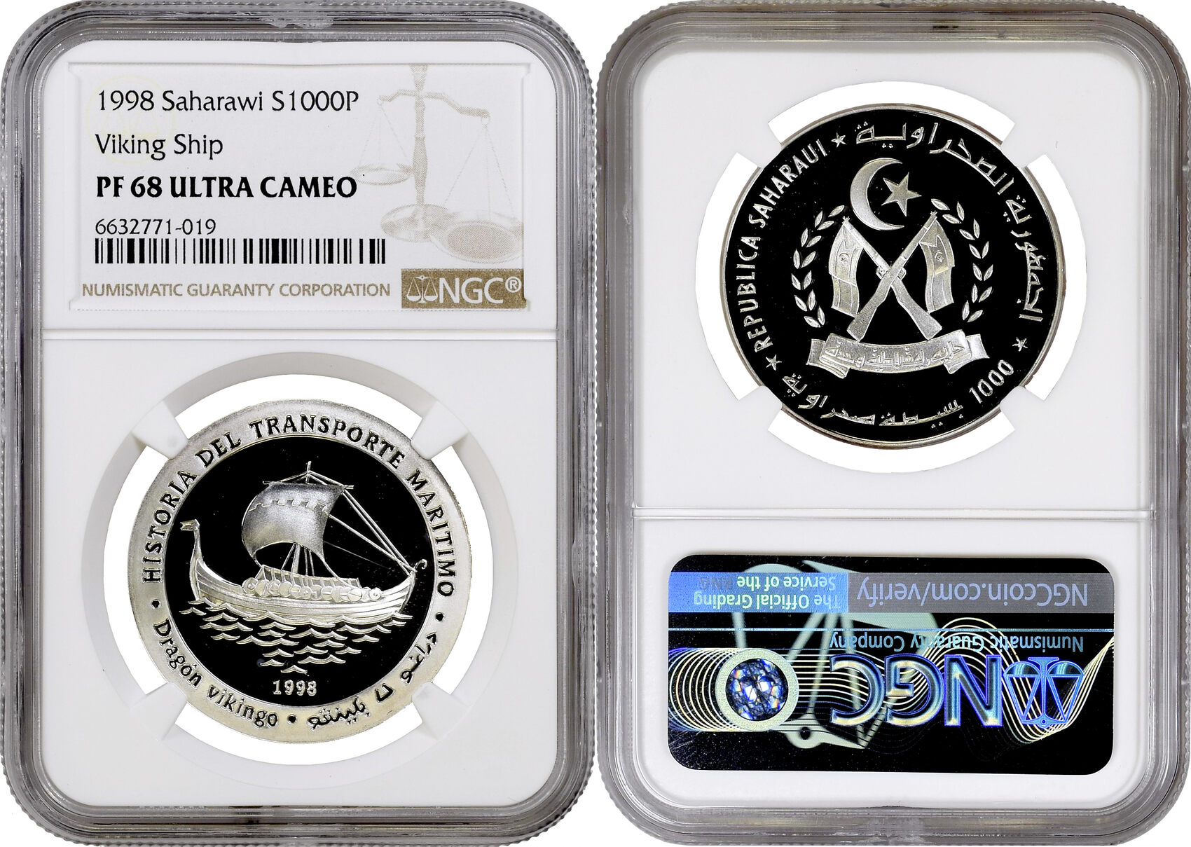 1000 pesetas Western Sahara (Saharawi) 1998, NGC PF68 UC, Viking Ship