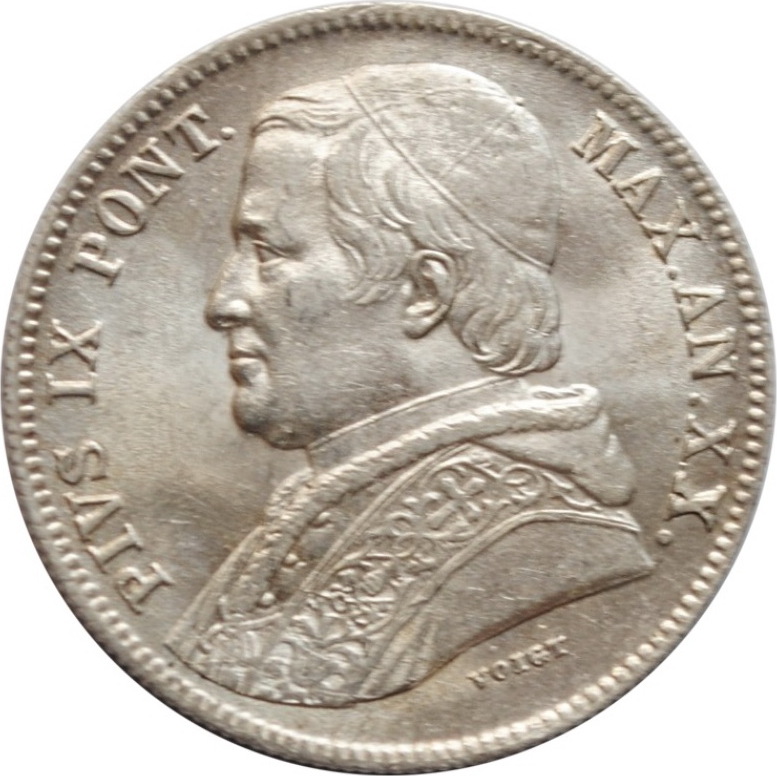 20 baiocchi 1865 Papal States XXR, UNC, Pope Pius IX (1846 1878) unz