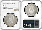 5 pesetas 1874 - 1885  Spain   1871 (71) SDM, NGC MS62,  King Alfonso XII   Spain   1871 (71) SDM, NGC MS62,  King Alfonso XII  