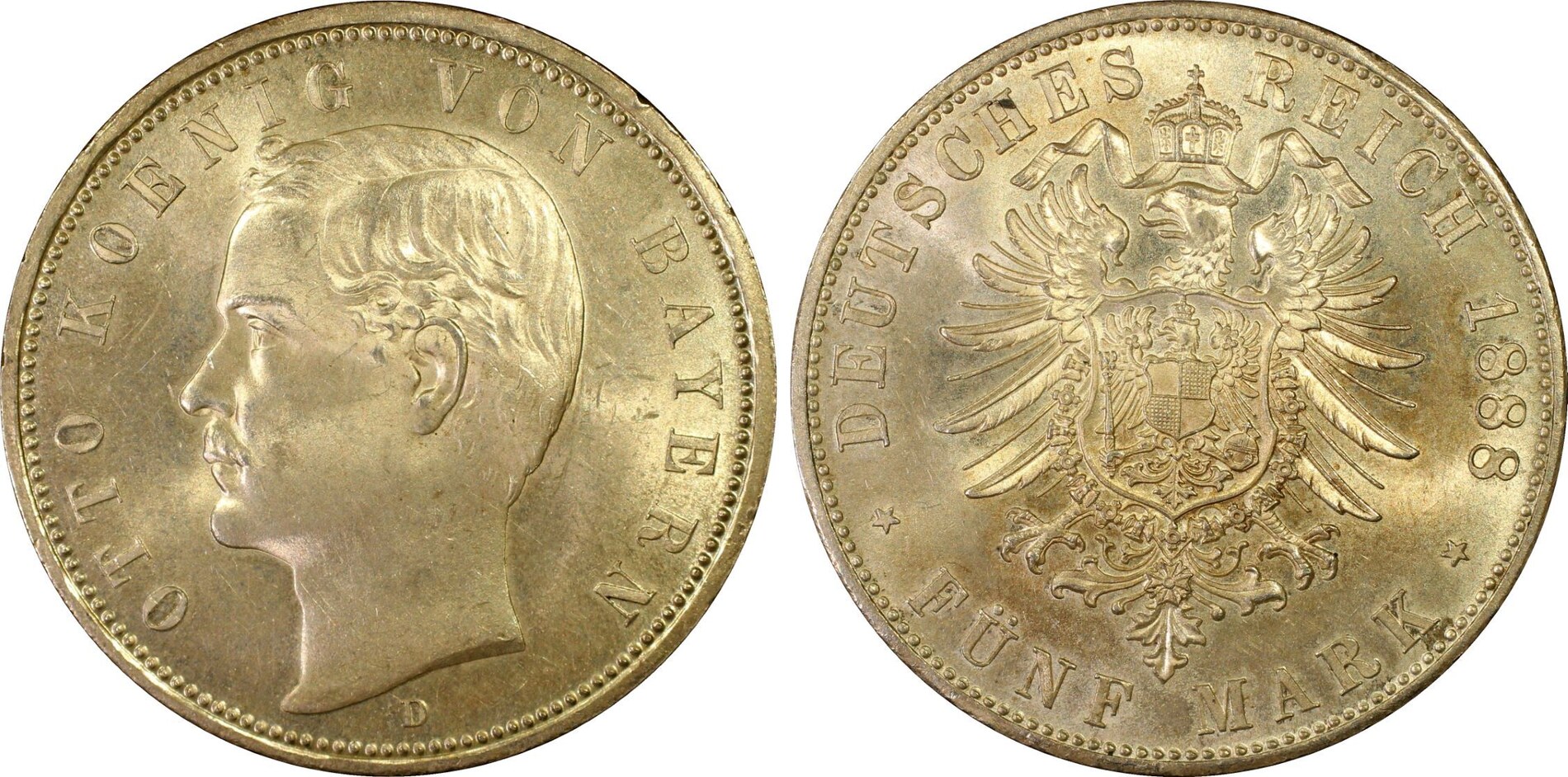 Bavaria 1888-D 5 Mark Bayern Otto 1888 Jaeger 44 PCGS MS63 | MA-Shops