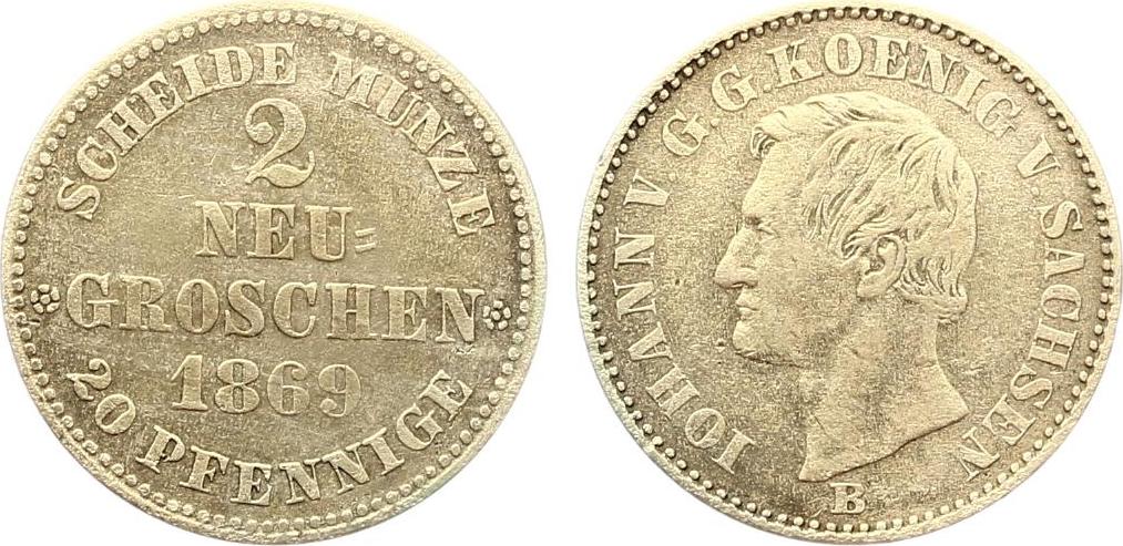 1869 B 2 Neugroschen (20 Pfennige) SACHSEN Johann 1854-1873 Ss | MA-Shops